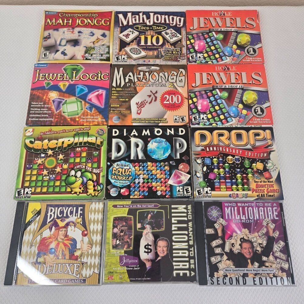 Lot Of 12 PC CD-ROM PC Puzzle Card Games Mah Jongg Jewel Logic Bicycle Millionai